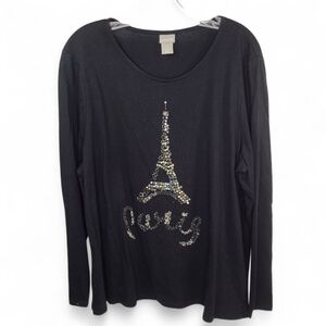 CHICO'S Paris Scoop Neck Beads Rhinestones Pearls Bling Black XL 3 Eiffel Tower